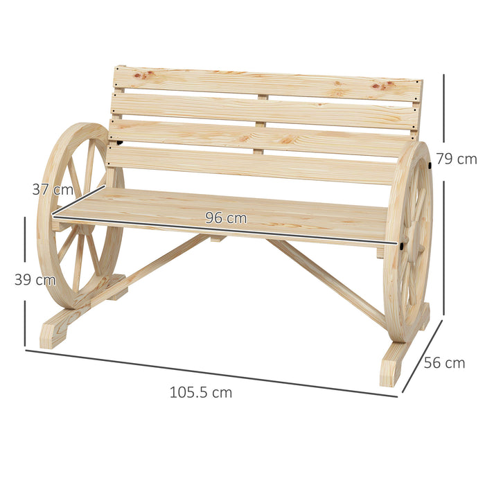 2 Seater Garden Bench w/ Wooden Cart Wagon Wheel Natural