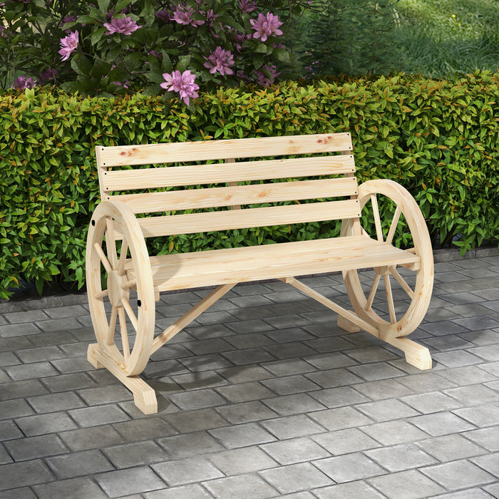 2 Seater Garden Bench w/ Wooden Cart Wagon Wheel Natural