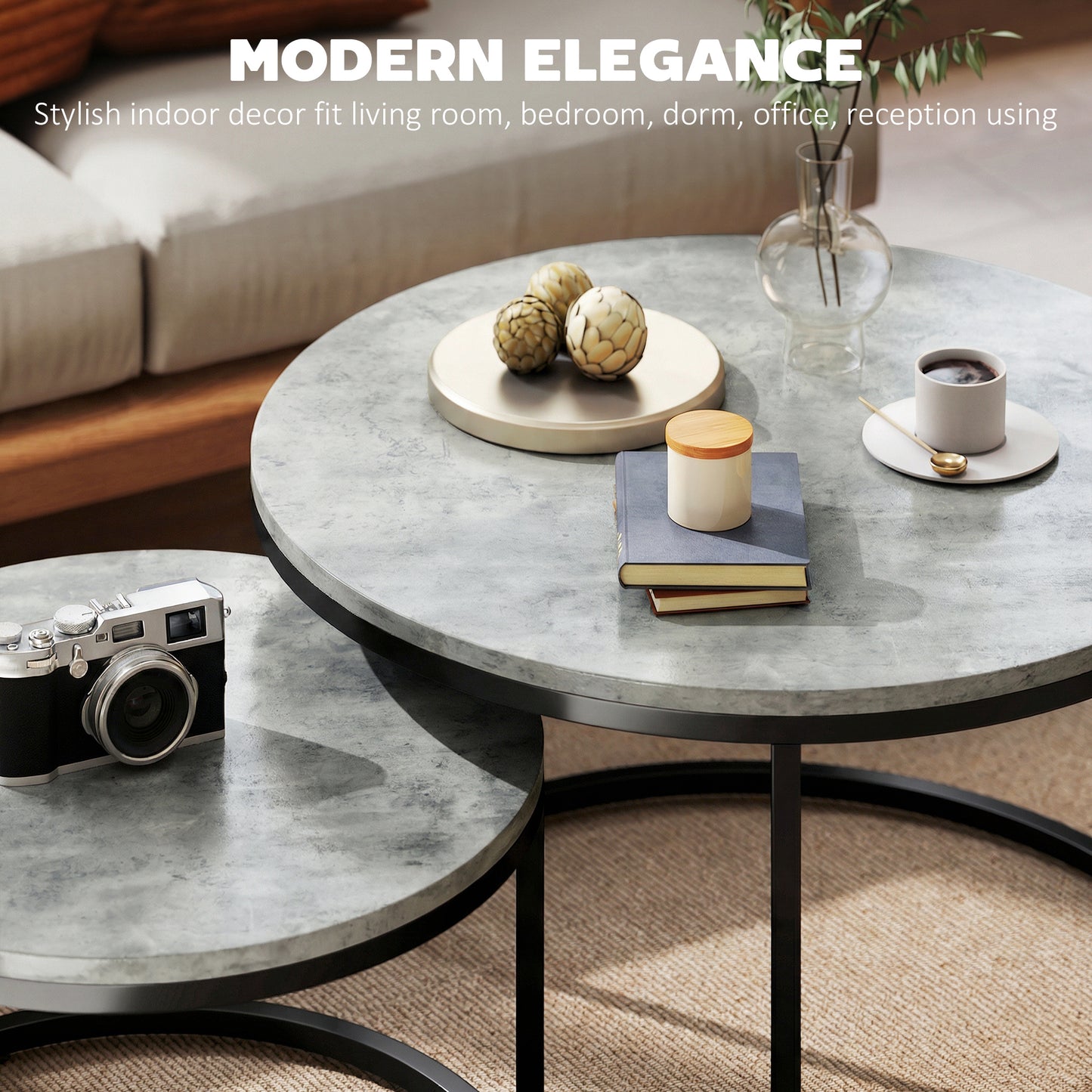 2 Pcs Stacking Coffee Table Set Steel Frame, Cement Grey