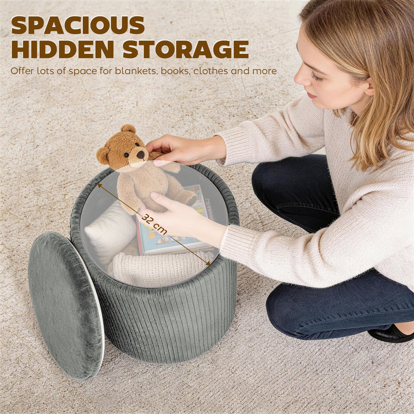 Round Storage Ottoman with Removable Top, Grey