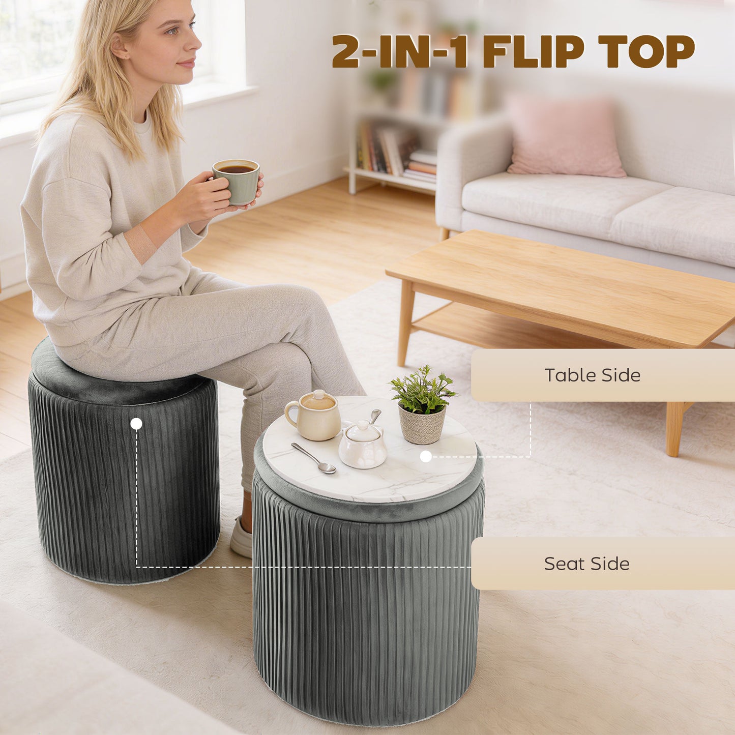 Round Storage Ottoman with Removable Top, Grey