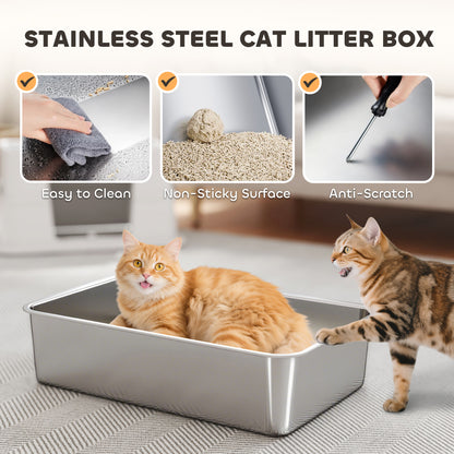 Stainless Steel, XL Cat Litter Tray, Dual Entry, Light Grey