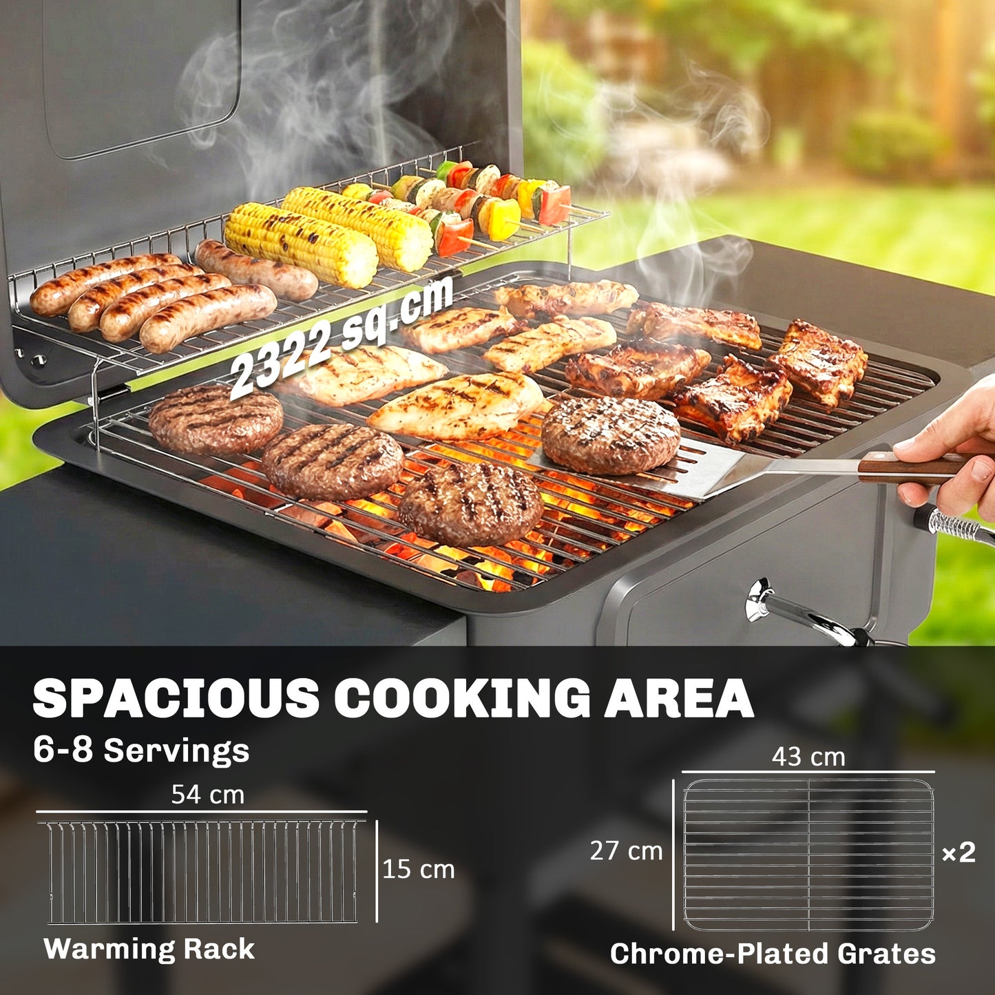 Charcoal BBQ Grill, Large Barbecue Grill Smoker with Wheels, Black