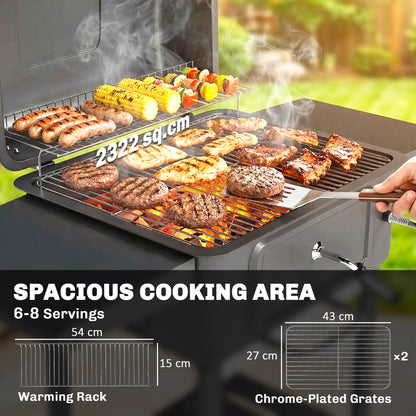 Charcoal BBQ Grill, Large Barbecue Grill Smoker with Wheels, Black