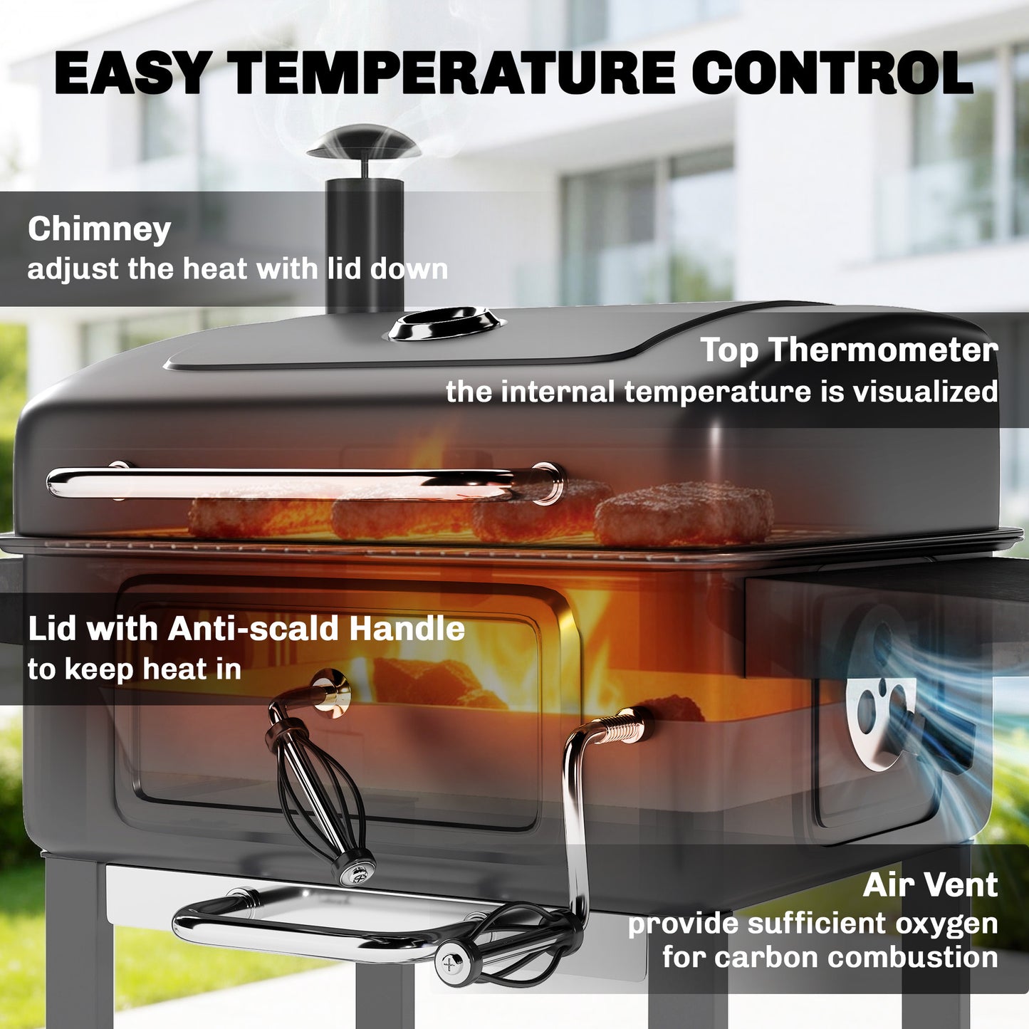 Charcoal BBQ Grill, Large Barbecue Grill Smoker with Wheels, Black