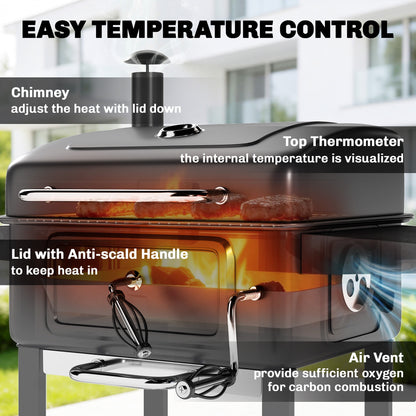 Charcoal BBQ Grill, Large Barbecue Grill Smoker with Wheels, Black