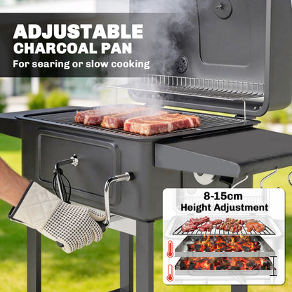 Charcoal BBQ Grill, Large Barbecue Grill Smoker with Wheels, Black
