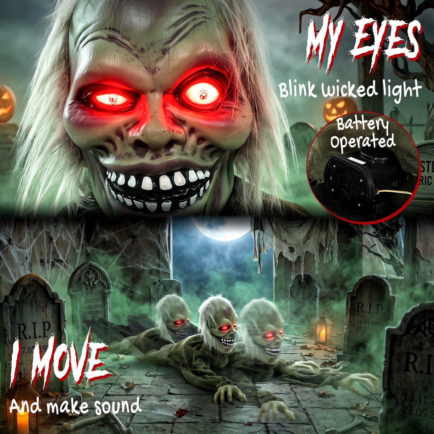 Animatronic Crawling Zombie with Light-Up Eyes and Creepy Sound
