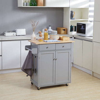 Rolling Kitchen Island, Utility Serving Cart with Rubber Wood Top Grey