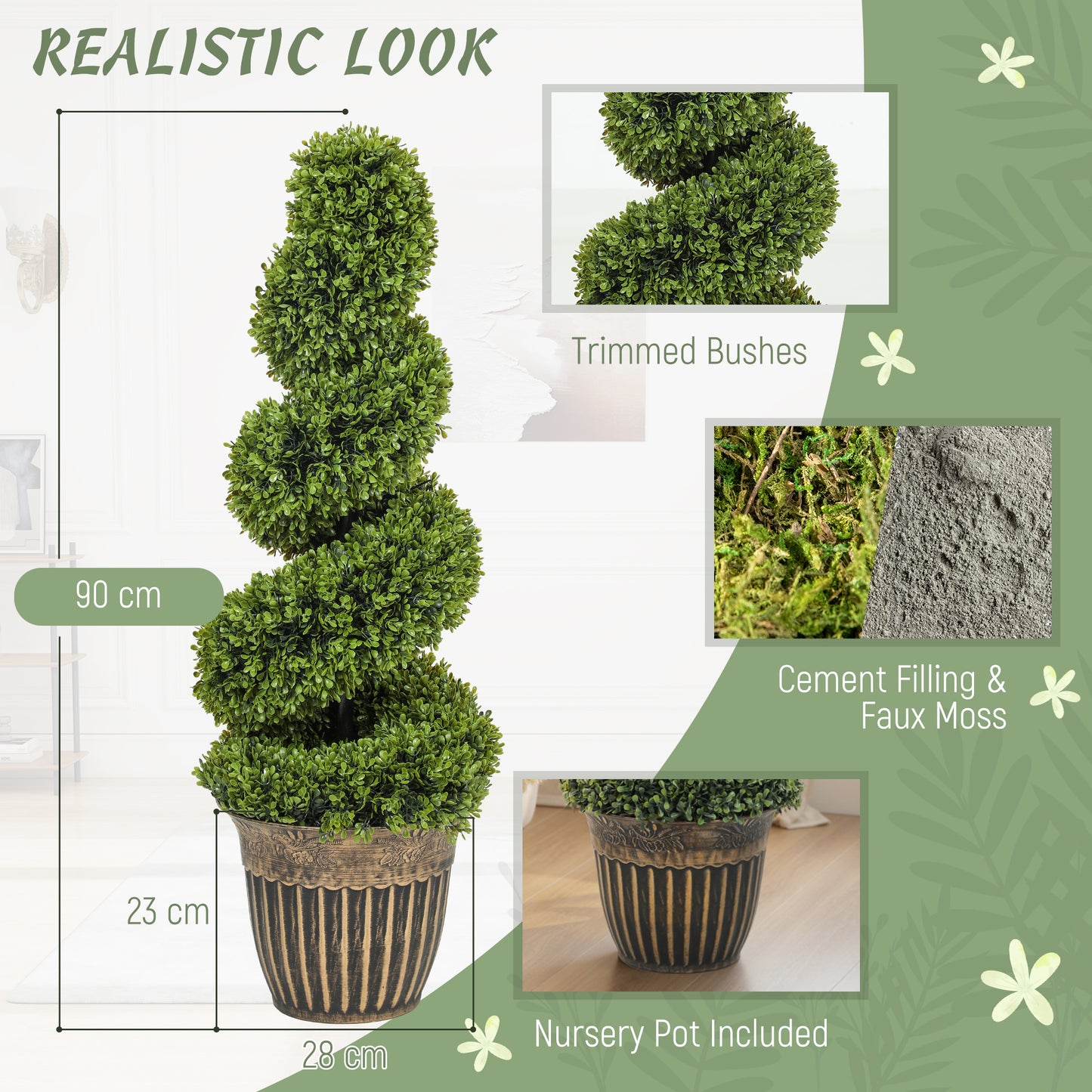 Set of 2 Potted Artificial Plants, Topiary Spiral Boxwood Trees, 90cm