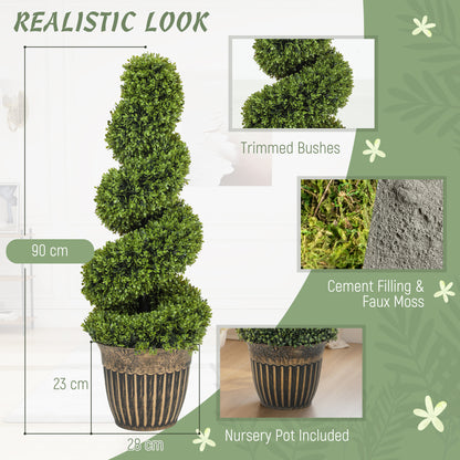 Set of 2 Potted Artificial Plants, Topiary Spiral Boxwood Trees, 90cm