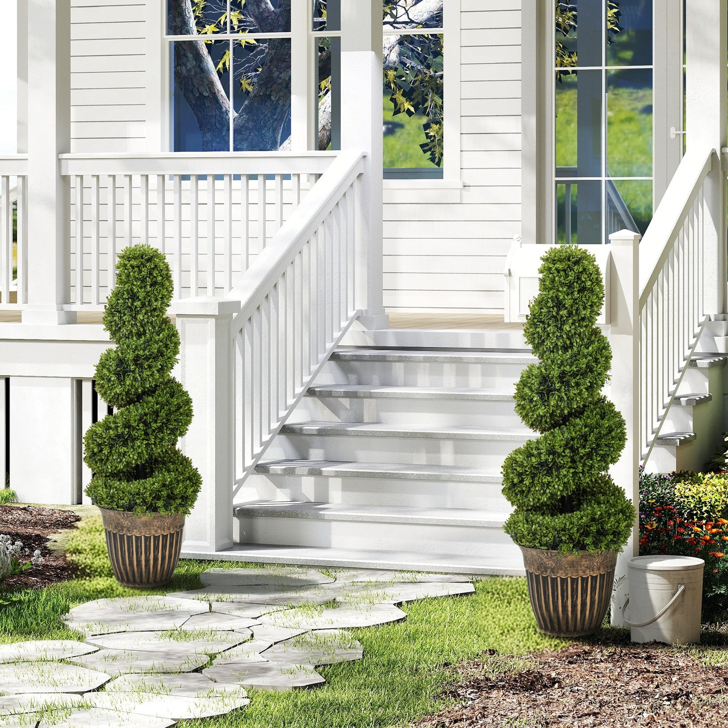 Set of 2 Potted Artificial Plants, Topiary Spiral Boxwood Trees, 90cm