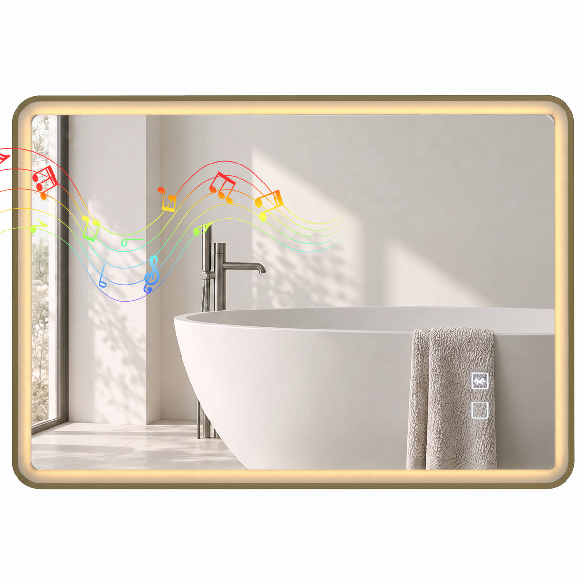 100 x 70cm Rectangular LED Bathroom Mirror with Bluetooth Speaker and Demister - Gold Tone