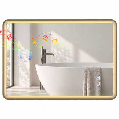 100 x 70cm Rectangular LED Bathroom Mirror with Bluetooth Speaker and Demister - Gold Tone