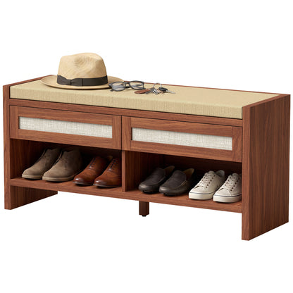 Shoe Bench with 2 Rattan Drawers Cushion Brown