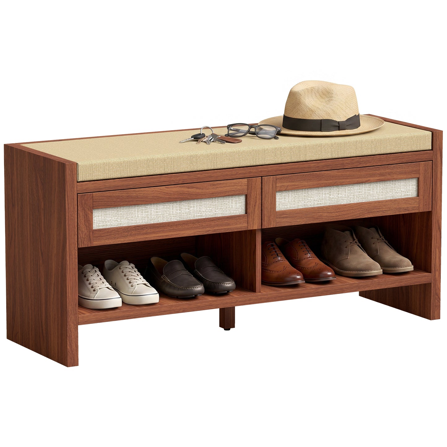 Shoe Bench with 2 Rattan Drawers Cushion Brown
