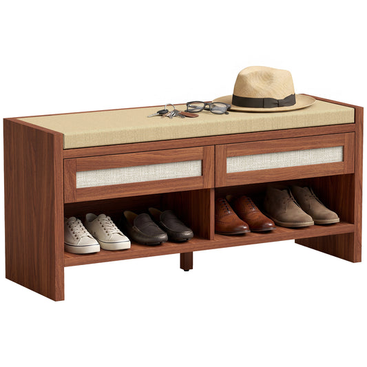 Shoe Bench with 2 Rattan Drawers Cushion Brown