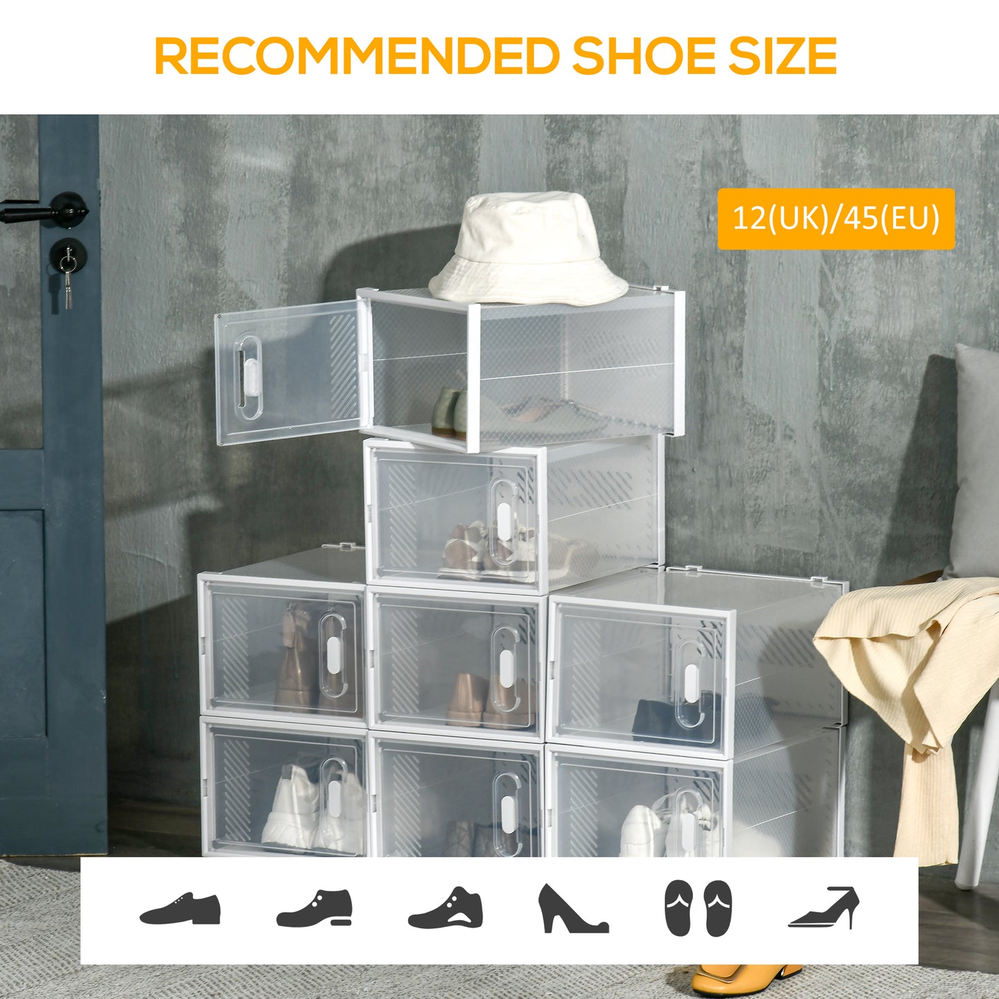 8PCS Stackable Clear Plastic Shoe Storage Box for UK/EU Size 12/46