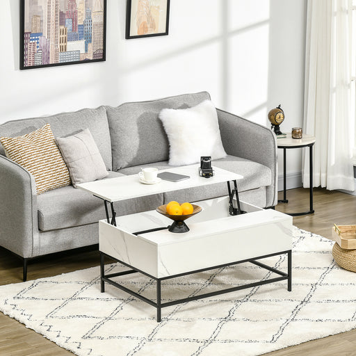 Modern Lifting Coffee Table with Hidden Compartment, Storage Coffee Table for Living Room, Faux Marble White