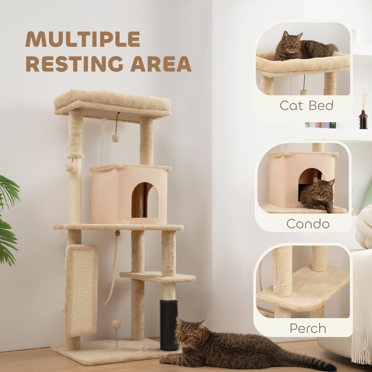Cat Tree Tower Scratching Post Bed House, 132cm, Beige