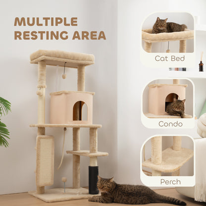 Cat Tree Tower Scratching Post Bed House, 132cm, Beige