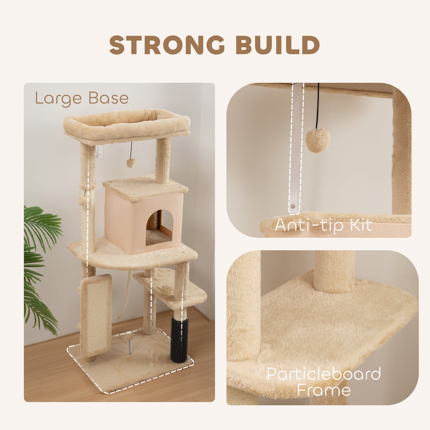 Cat Tree Tower Scratching Post Bed House, 132cm, Beige