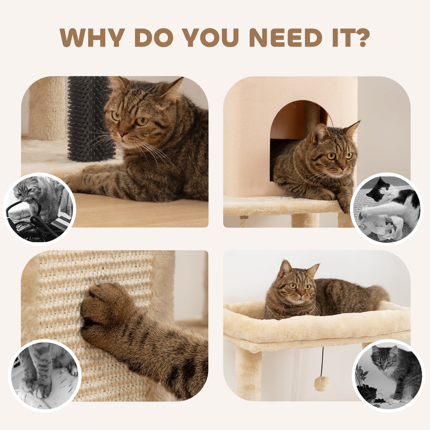 Cat Tree Tower Scratching Post Bed House, 132cm, Beige