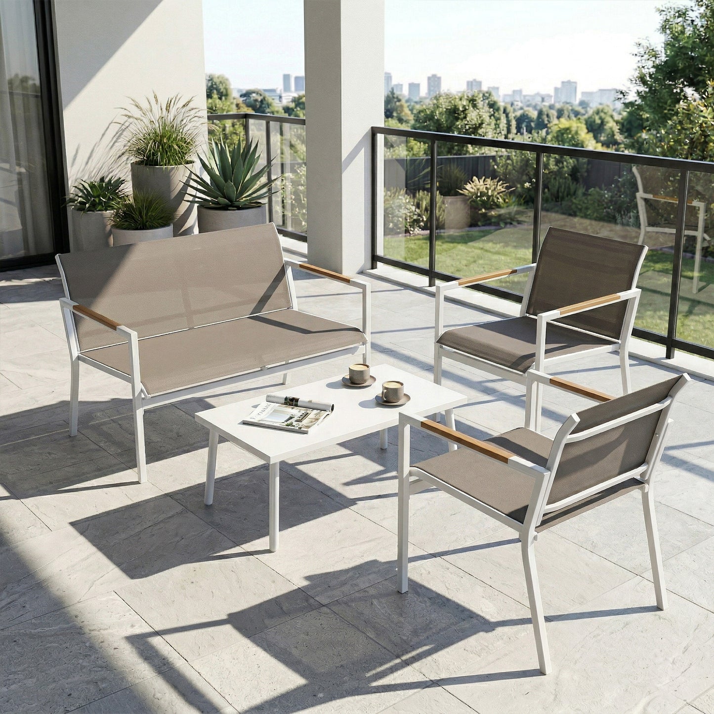 4 Seater Garden Furniture Set, Metal Garden Sofa Set, Khaki