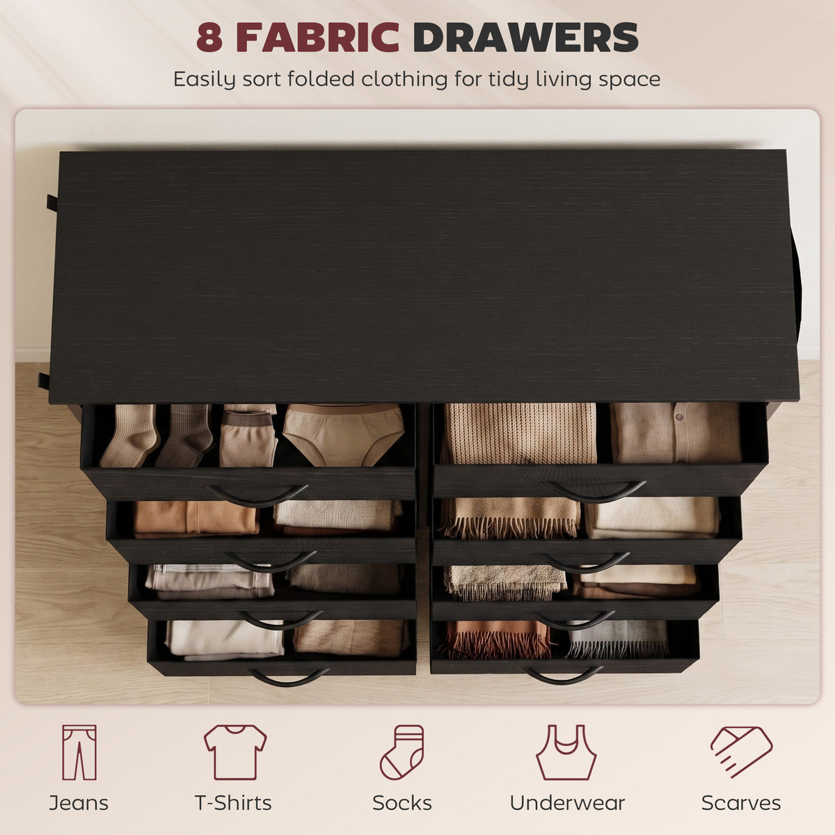 Fabric Chest of Drawers, 8 Drawer Dresser for Bedroom, Black