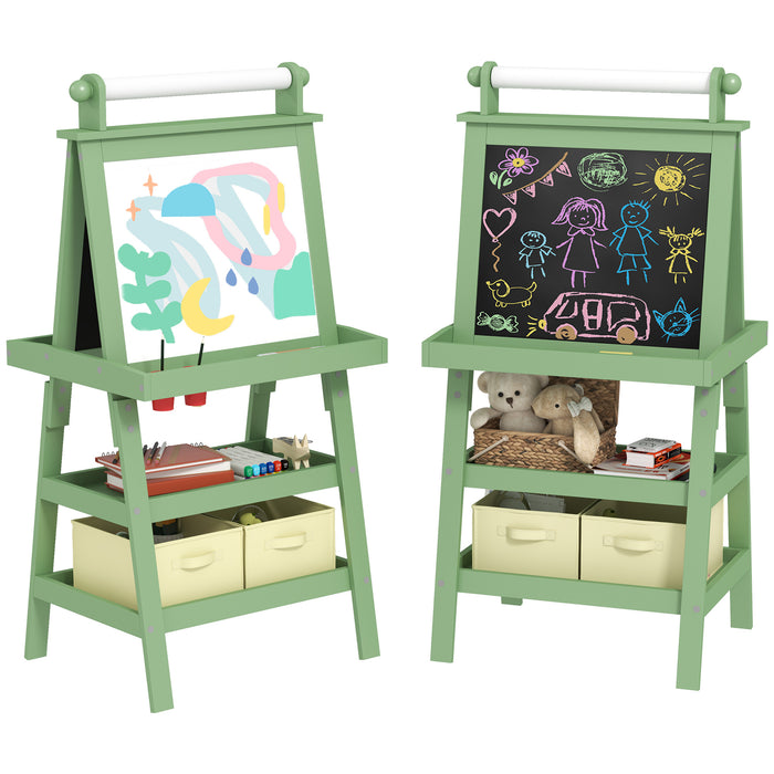 Double-Sided Art Easel for Kids w/ Paper Roll, Storage Baskets Green