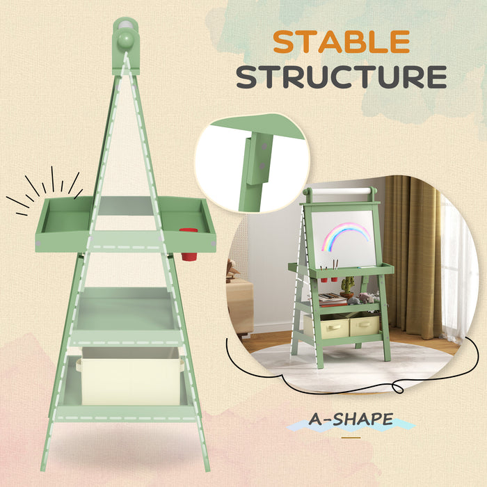 Double-Sided Art Easel for Kids w/ Paper Roll, Storage Baskets Green