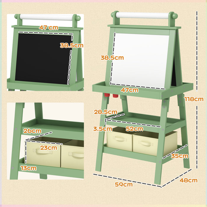 Double-Sided Art Easel for Kids w/ Paper Roll, Storage Baskets Green