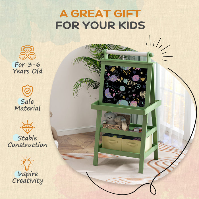 Double-Sided Art Easel for Kids w/ Paper Roll, Storage Baskets Green