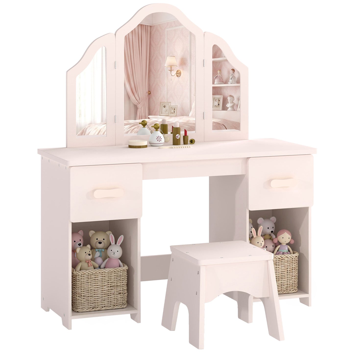 Kids Vanity Table and Chair Set with Tri-Folding Mirror for 3+
