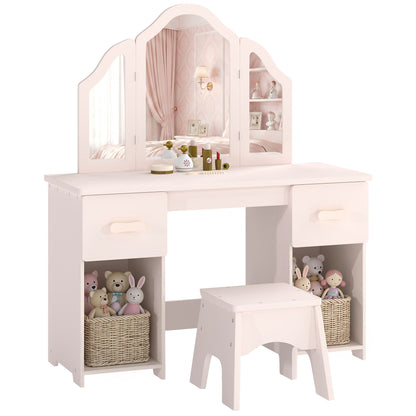 Kids Vanity Table and Chair Set with Tri-Folding Mirror for 3+