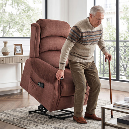Power Lift Recliner Chair with Vibration Massage and Heat, Electric Lift Chair with Wood Grip, Pocket Spring, Fabric Riser and Reclining Armchair with Remote, Quick Assembly, Brown