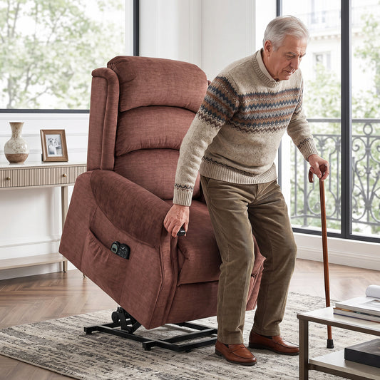 Power Lift Recliner Chair with Vibration Massage and Heat, Electric Lift Chair with Wood Grip, Pocket Spring, Fabric Riser and Reclining Armchair with Remote, Quick Assembly, Brown