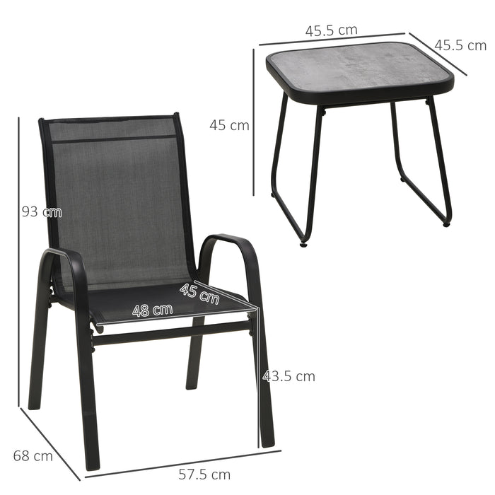 3 Pieces Outdoot Bistro Set, Patio Stackable Armchairs with Breathable Mesh Fabric and PSC Board Coffee Table, Black