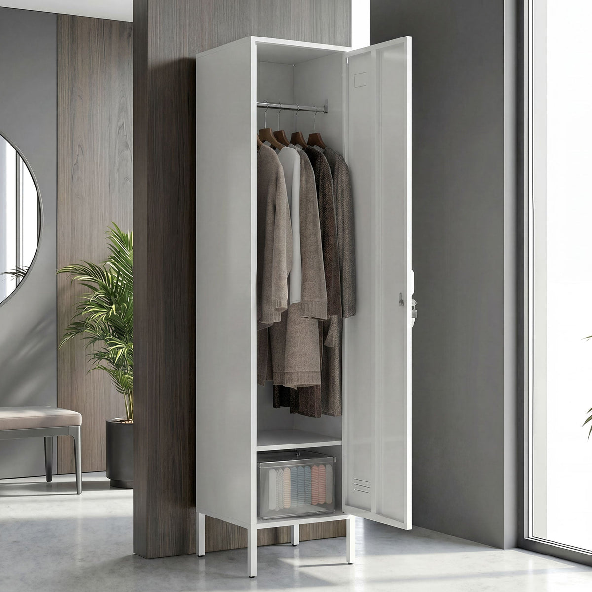 Lockable Steel Storage Locker with Hanging Rail and Shelf - White