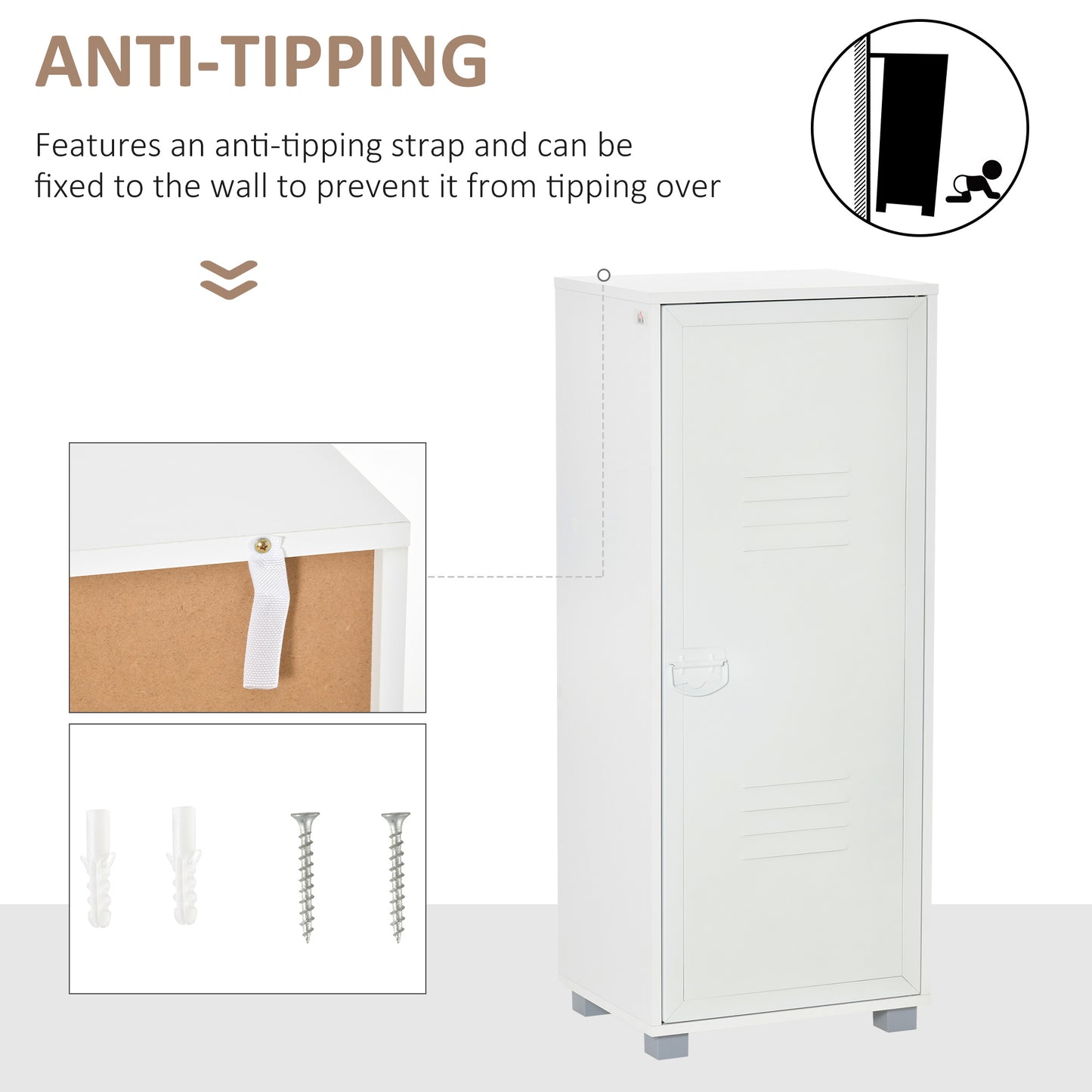 Modern 3-Tier Cabinet Storage Organiser with Louvred Metal Door White