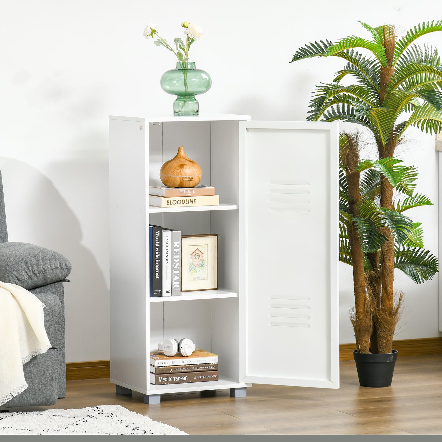Modern 3-Tier Cabinet Storage Organiser with Louvred Metal Door White