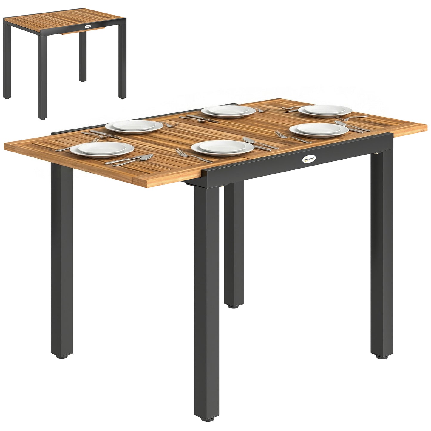 Extending Garden Table, Outdoor Dining Table for 6, Steel Frame Rectangular Patio Table with Acacia Wood Tabletop,80/120L x 70W x 75H cm