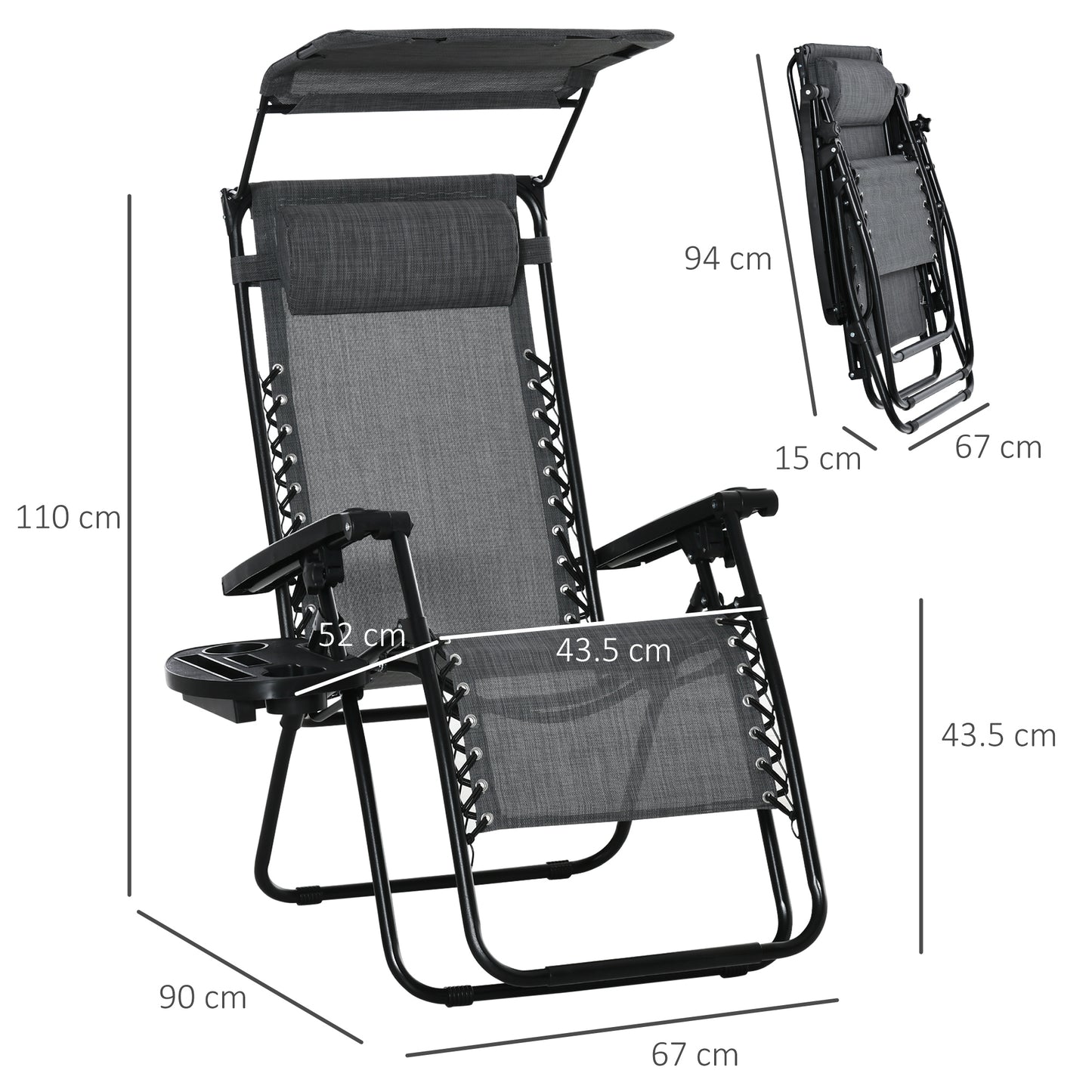 Zero Gravity Chair Adjustable Patio Lounge w/ Cup Holder Dark Grey
