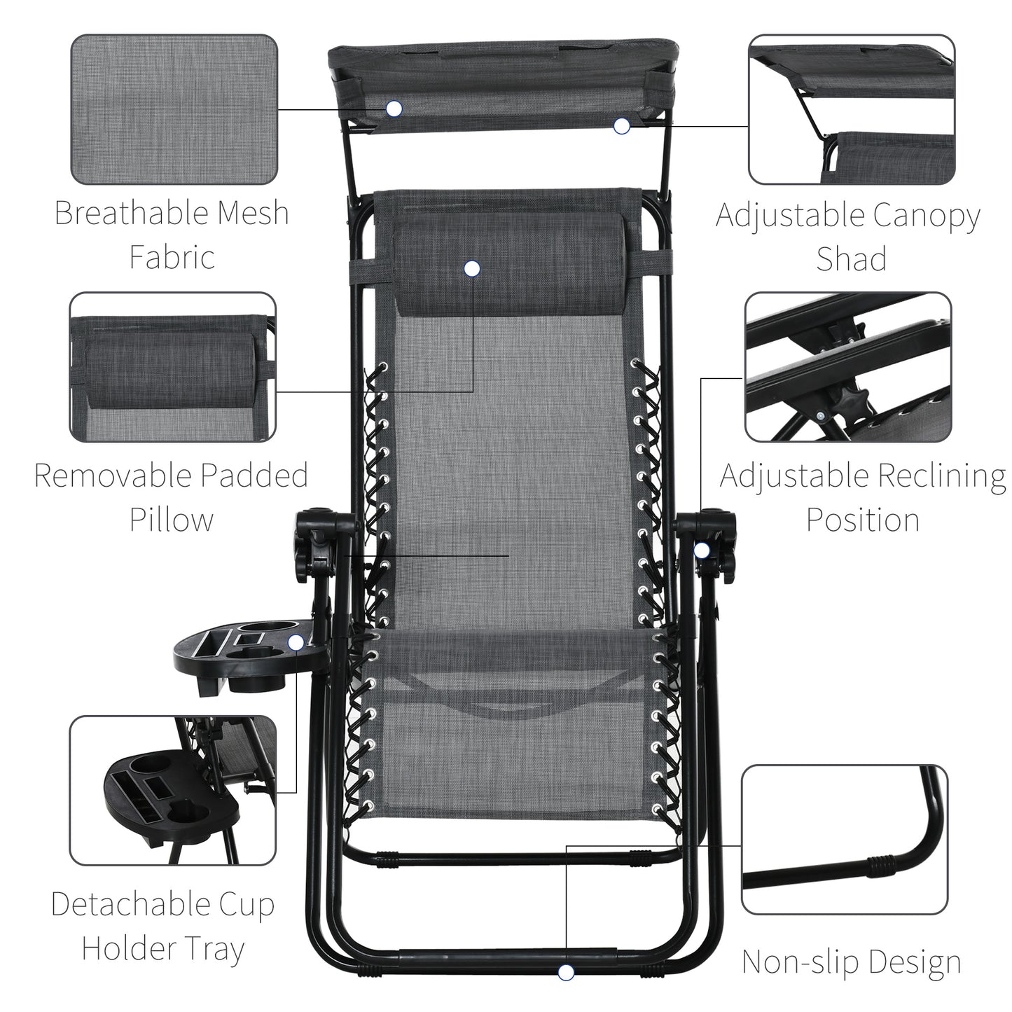 Zero Gravity Chair Adjustable Patio Lounge w/ Cup Holder Dark Grey