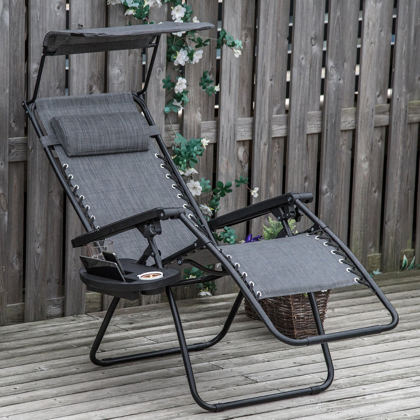 Zero Gravity Chair Adjustable Patio Lounge w/ Cup Holder Dark Grey