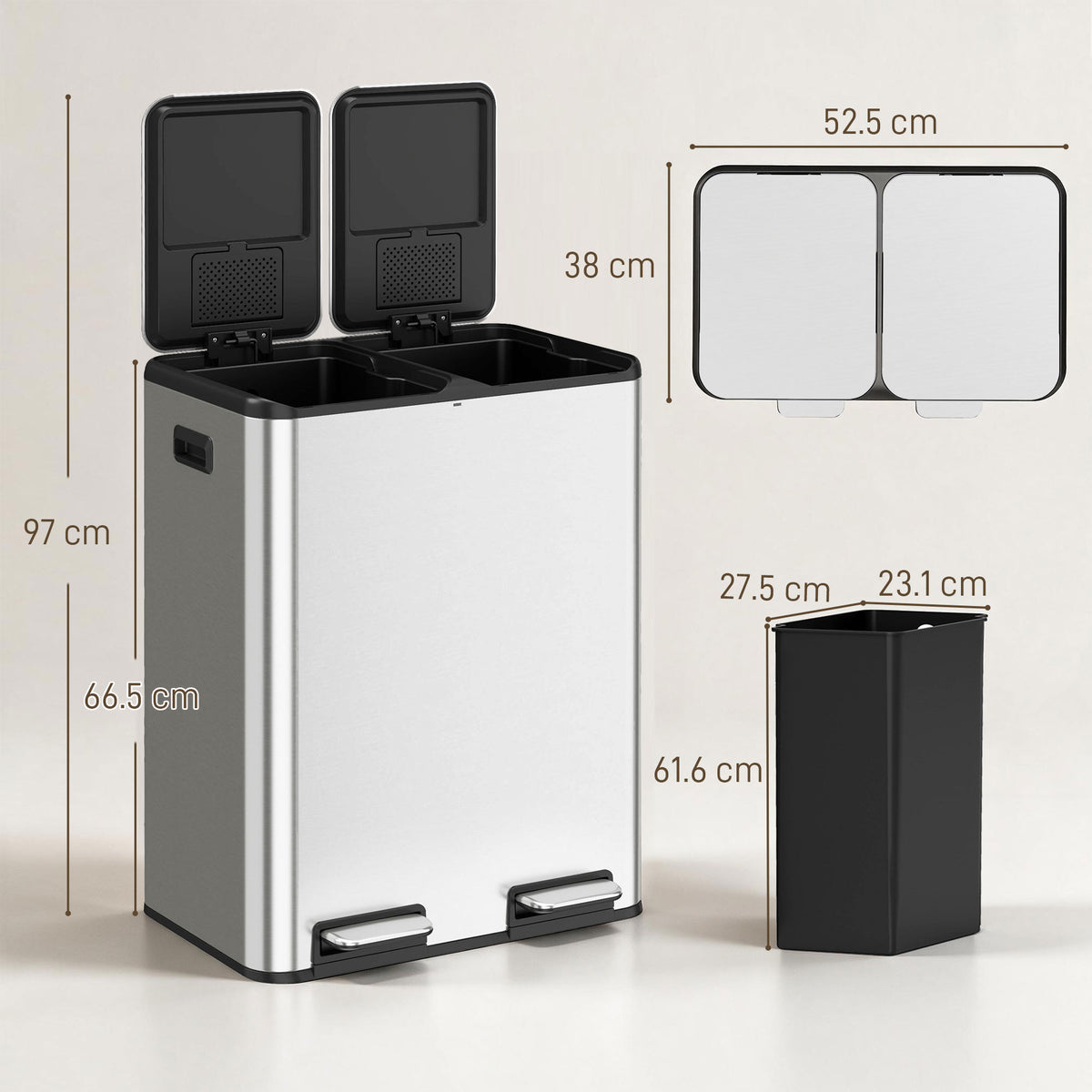 2x30L Kitchen Bin, Stainless Steel Recycling Bin, Silver Tone