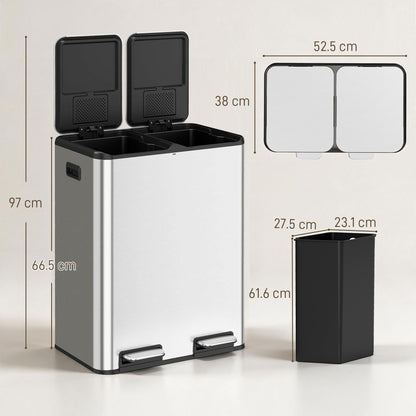 2x30L Kitchen Bin, Stainless Steel Recycling Bin, Silver Tone