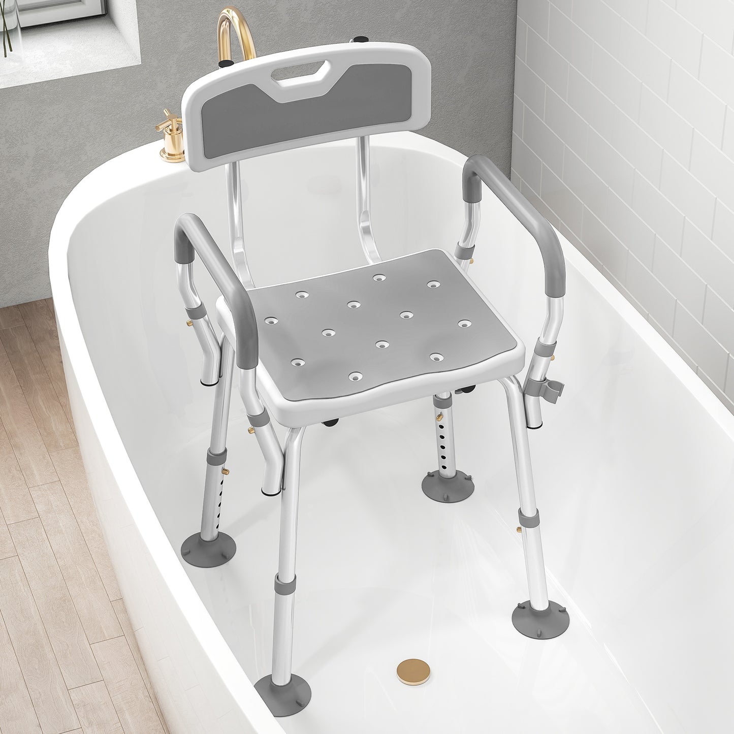 Padded Shower Stool with Arms and Back, 4 Suction Foot Pads, Grey