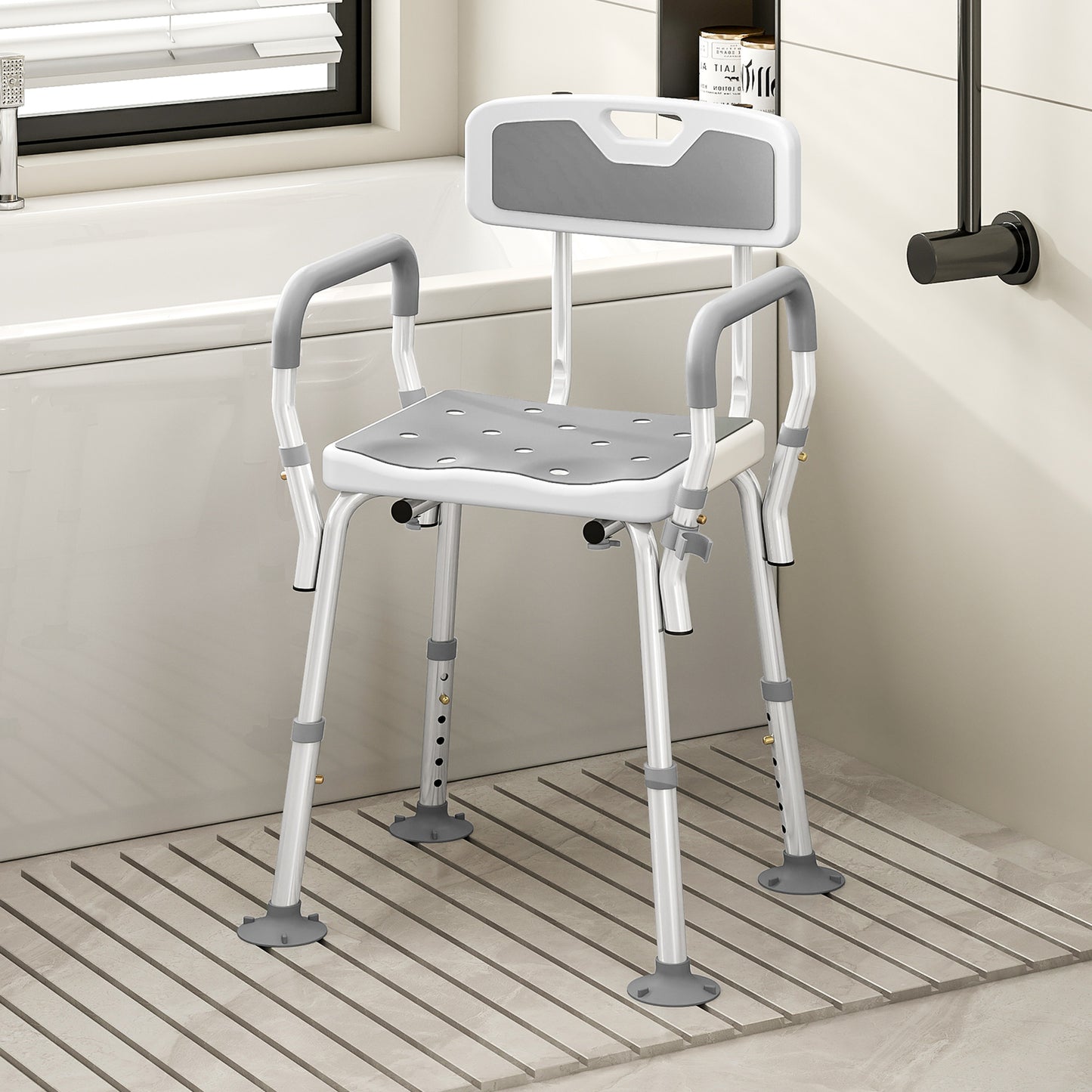 Padded Shower Stool with Arms and Back, 4 Suction Foot Pads, Grey
