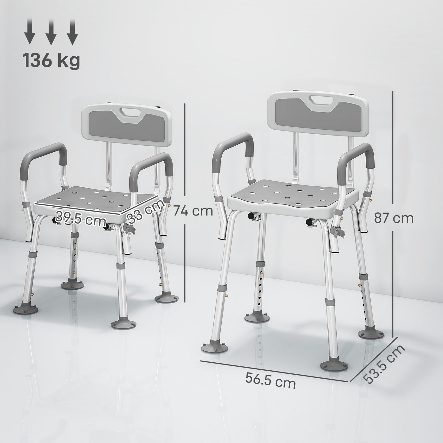 Padded Shower Stool with Arms and Back, 4 Suction Foot Pads, Grey
